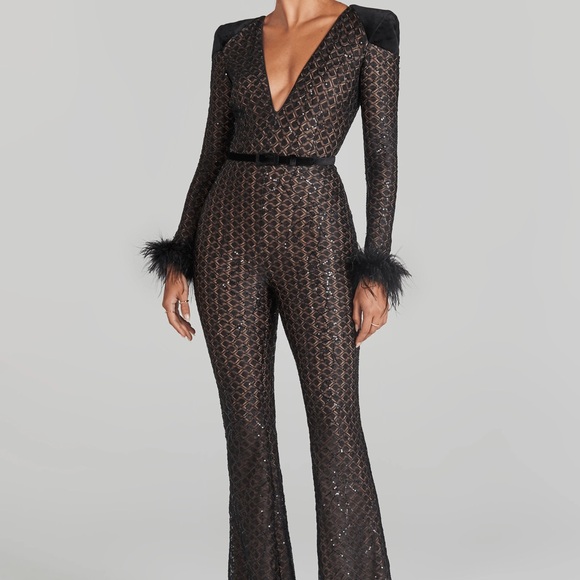 Rachel Black Jumpsuit with Feather Accents - Picture 1 of 3